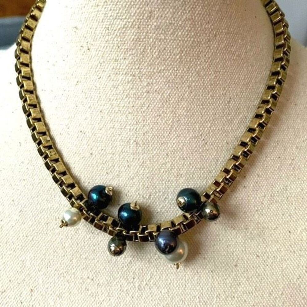 Lulu Frost Pearl Choker – Gold Tone Chain with Blue, Grey & White Simulated Pear
